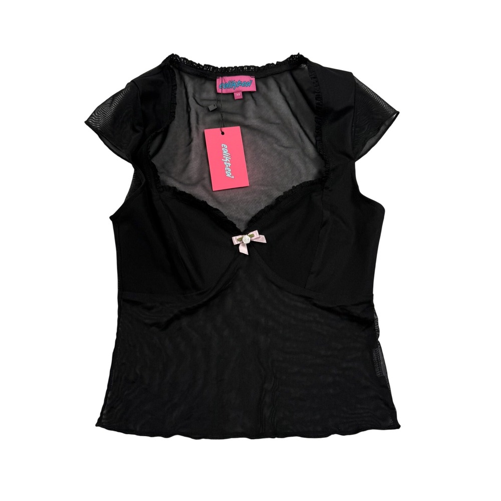 Edikted Mesh Top Womens XS Black Coquette Lace Trim Pink Bow Goth S17276 New